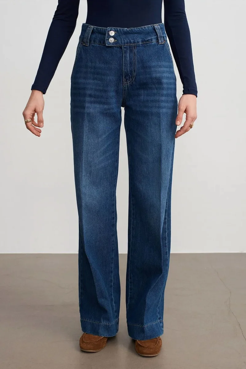 Dilvin Mid Blue Denim DILVIN High Waist Wide Leg Cotton Denim Jeans for Women | Best Price UAE
