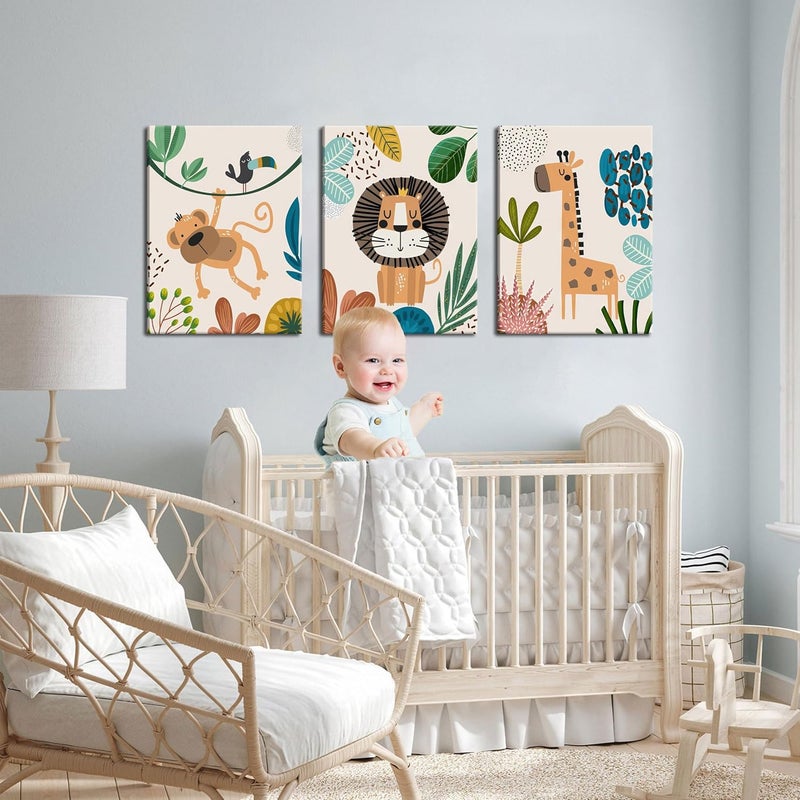 AKWISH 3Pcs Framed Safari Animals Canvas Wall Art Prints Picture Boy Girl's Kids Room Wall Decor for Classroom Shower Theme Decorations Nursery Baby Children's Room Bedroom Ready to Hang (12"x16"x3) - Image 5