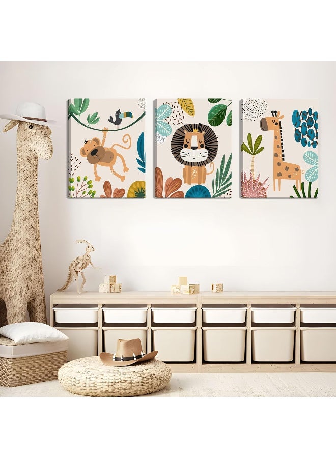 AKWISH 3Pcs Framed Safari Animals Canvas Wall Art Prints Picture Boy Girl's Kids Room Wall Decor for Classroom Shower Theme Decorations Nursery Baby Children's Room Bedroom Ready to Hang (12"x16"x3) - Image 2
