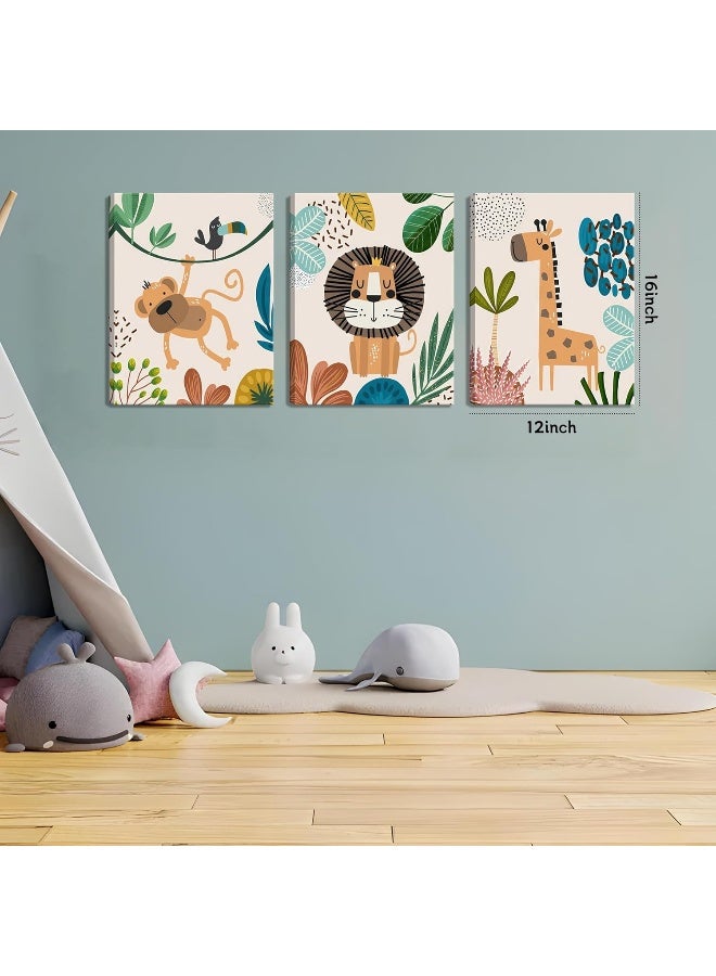 AKWISH 3Pcs Framed Safari Animals Canvas Wall Art Prints Picture Boy Girl's Kids Room Wall Decor for Classroom Shower Theme Decorations Nursery Baby Children's Room Bedroom Ready to Hang (12"x16"x3) - Image 3
