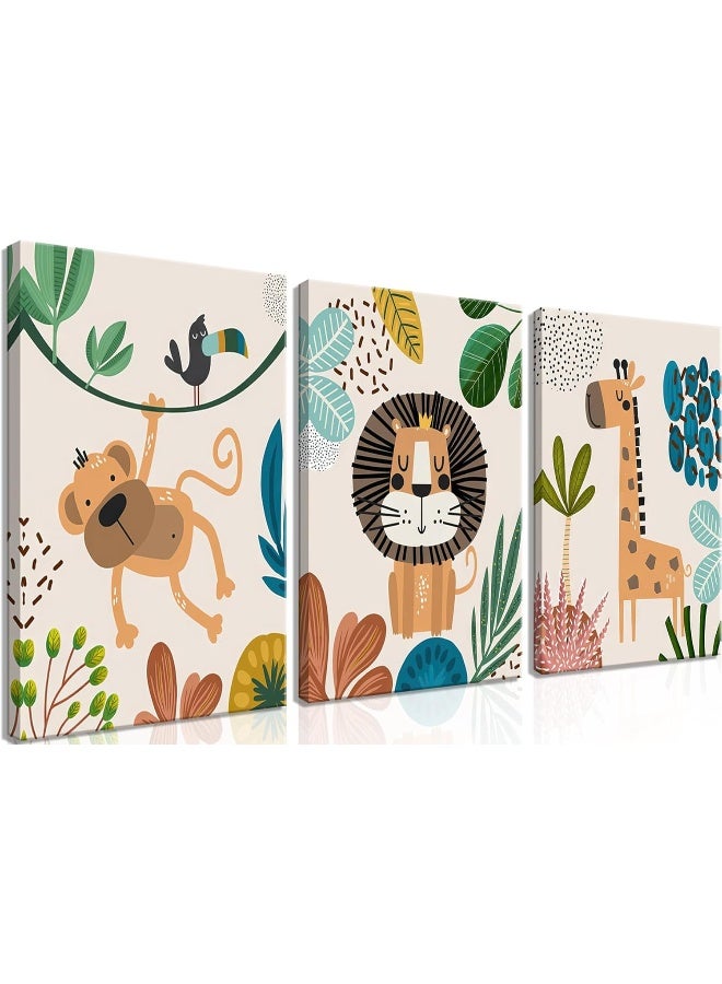 AKWISH 3Pcs Framed Safari Animals Canvas Wall Art Prints Picture Boy Girl's Kids Room Wall Decor for Classroom Shower Theme Decorations Nursery Baby Children's Room Bedroom Ready to Hang (12"x16"x3) - Image 1
