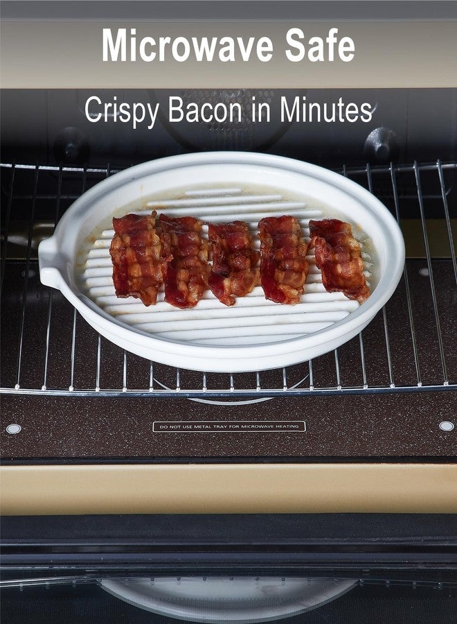 ONEMORE Microwave Bacon Tray with Lid Ceramic Bacon Cooker Meat Rack for Oven Cooking Crispy Bacon Maker with Cover - 11 inch Round Bacon Dish Plate, White - Image 3
