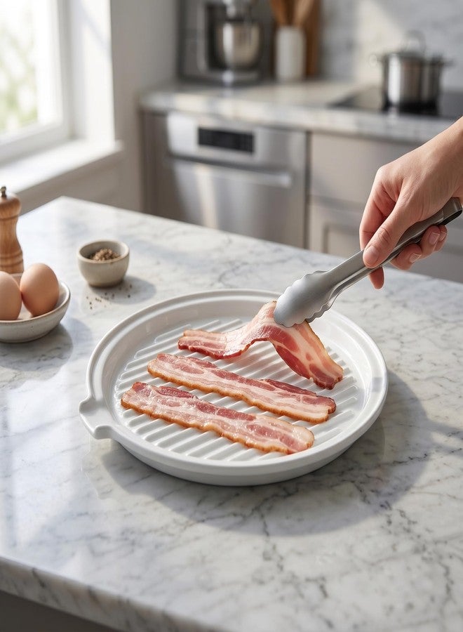 ONEMORE Microwave Bacon Tray with Lid Ceramic Bacon Cooker Meat Rack for Oven Cooking Crispy Bacon Maker with Cover - 11 inch Round Bacon Dish Plate, White - Image 2