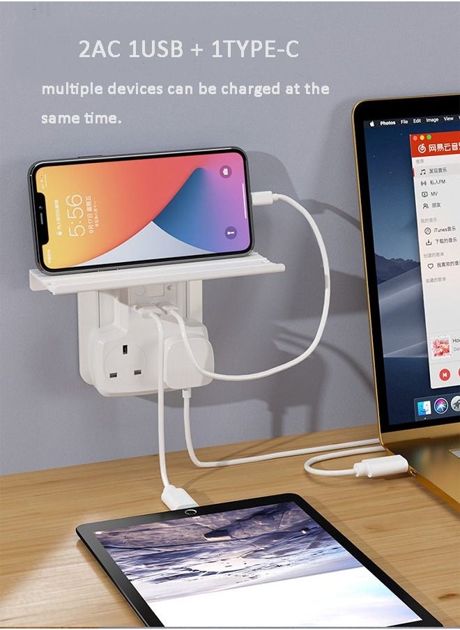 Multi Plug Extension Power Adapter with USB Type-C Socket Wall Charger Adaptor