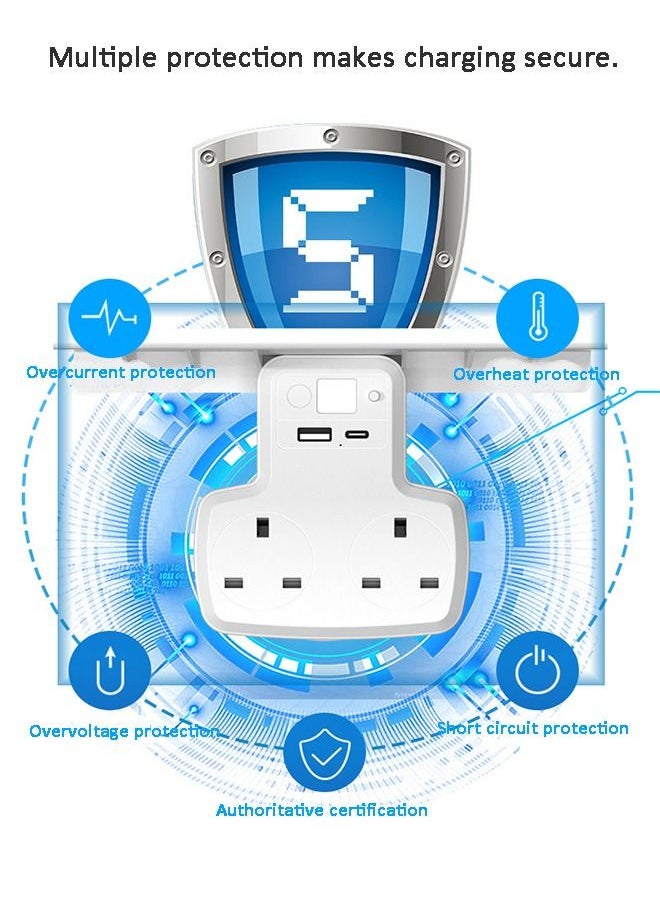 Multi Plug Extension Power Adapter with USB Type-C Socket Wall Charger Adaptor