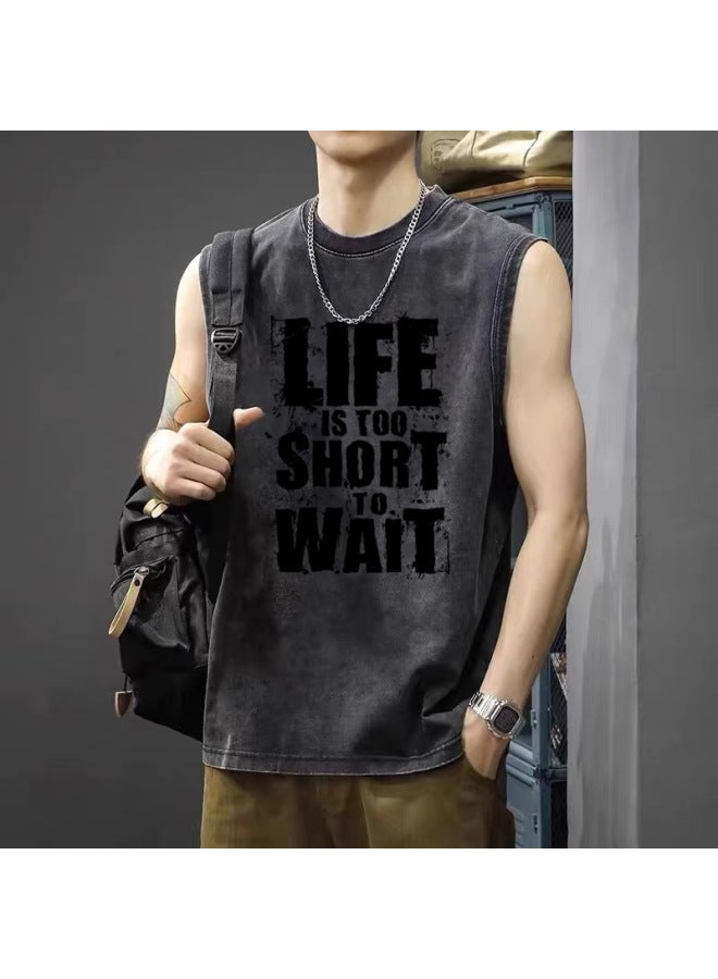 American High Street Retro Washed Distressed Sports Vest Trendy Brand Sleeveless T-shirt Loose Casual Fitness Short Sleeve