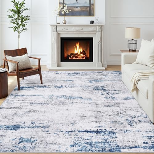 Gent drizz Area Rug Living Room Rugs: 5x7 Large Soft Indoor Carpet Modern Abstract Rug with Non Slip Rubber Backing for Under Dining Table Nursery Home Office Bedroom White Gray Blue - Image 2