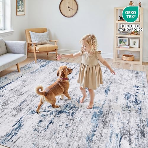 Gent drizz Area Rug Living Room Rugs: 5x7 Large Soft Indoor Carpet Modern Abstract Rug with Non Slip Rubber Backing for Under Dining Table Nursery Home Office Bedroom White Gray Blue - Image 4