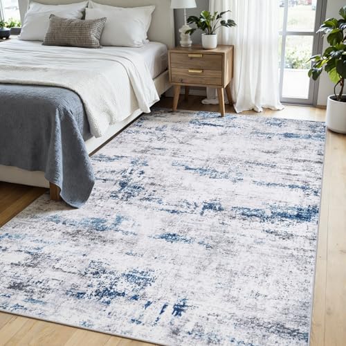 Gent drizz Area Rug Living Room Rugs: 5x7 Large Soft Indoor Carpet Modern Abstract Rug with Non Slip Rubber Backing for Under Dining Table Nursery Home Office Bedroom White Gray Blue - Image 3