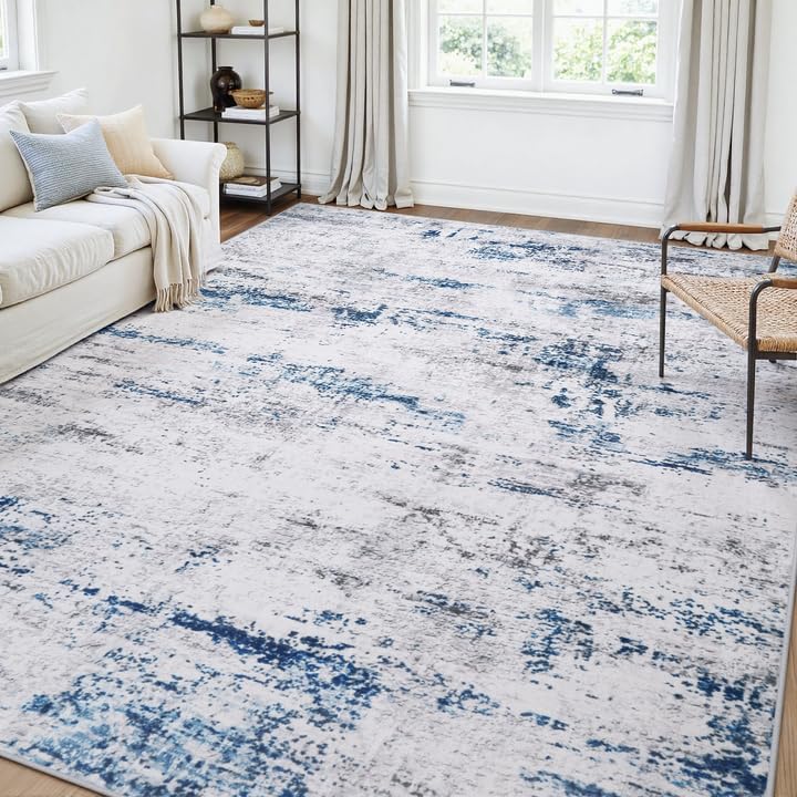 Gent drizz Area Rug Living Room Rugs: 5x7 Large Soft Indoor Carpet Modern Abstract Rug with Non Slip Rubber Backing for Under Dining Table Nursery Home Office Bedroom White Gray Blue - Image 1