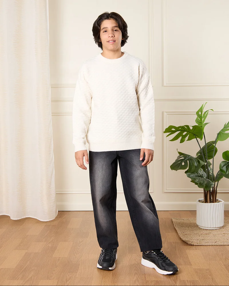 Redtag Senior Boys White Textured Pullover