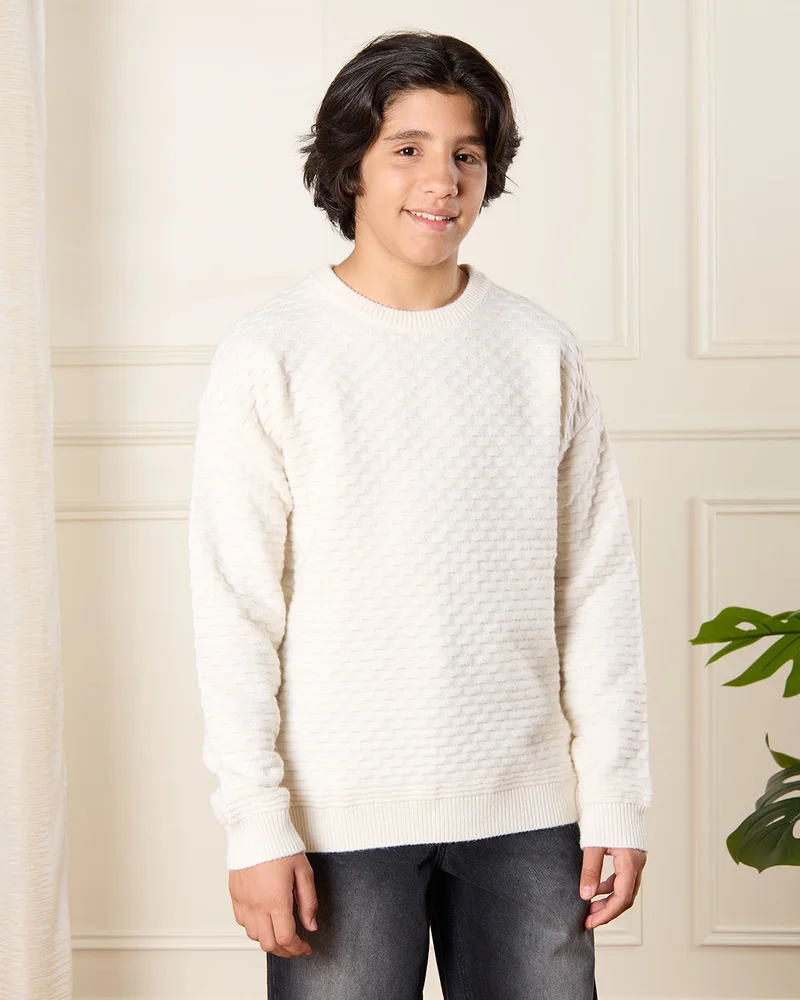 Redtag Senior Boys White Textured Pullover