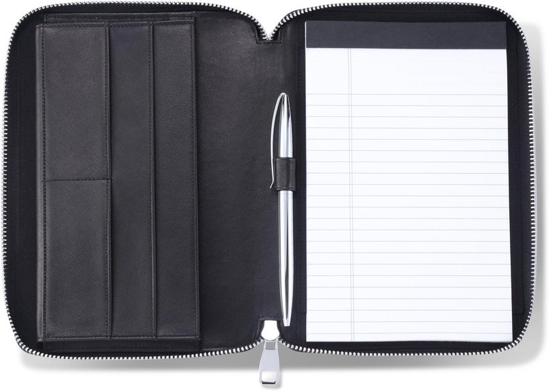 HISCOW Leather Junior Padfolio for Men & Women with Pen Loop, Italian Calfskin, Business Portfolio Notebook Folder (Zippered Black) - Image 1