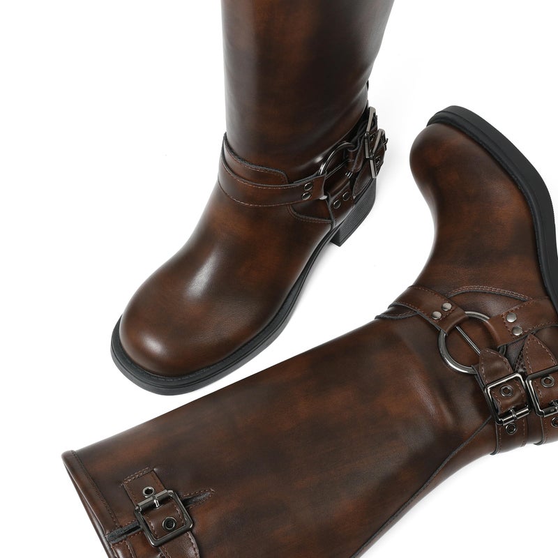 AMINUGAL Brown Knee High Boots Women Square Toe Pull On Boots Wide Calf Riding Boots Fashion Buckles Chunky Boots Metallic Casual Vintage Buckle Rivet Boots Size 8 - Image 5