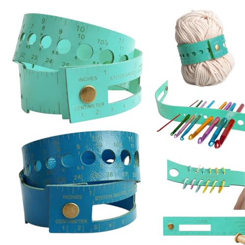 BUSHIBU Knitting Gauge Measuring Tool 7in1 Leather Crochet Needle Gauge Sizer 18in DualScale Wrist Ruler to Storage Stitch Markers Crafter CrocheterLight BlueDark Blue - Image 1