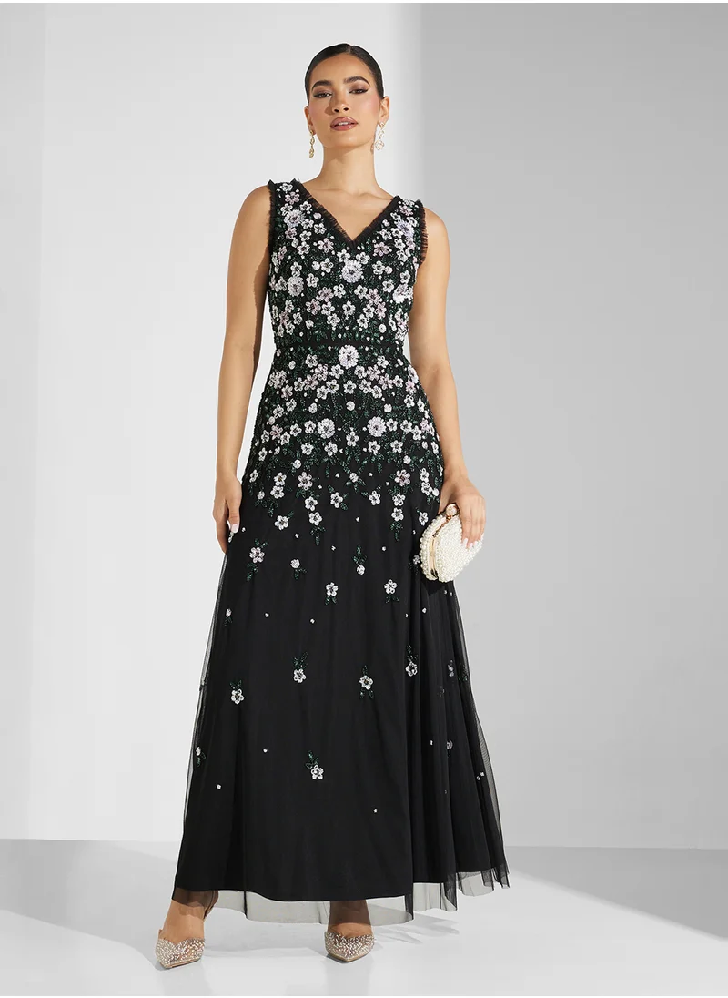 Adrianna Papell Beaded Mesh Long Dress