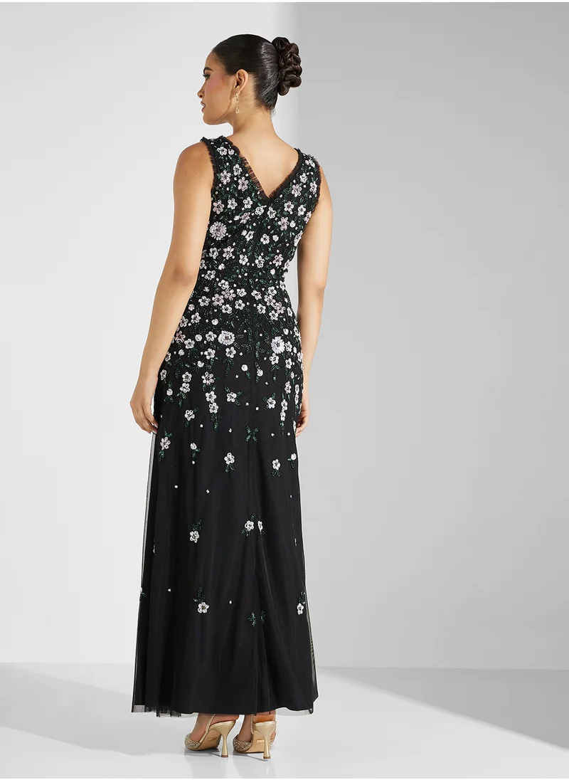 Adrianna Papell Beaded Mesh Long Dress