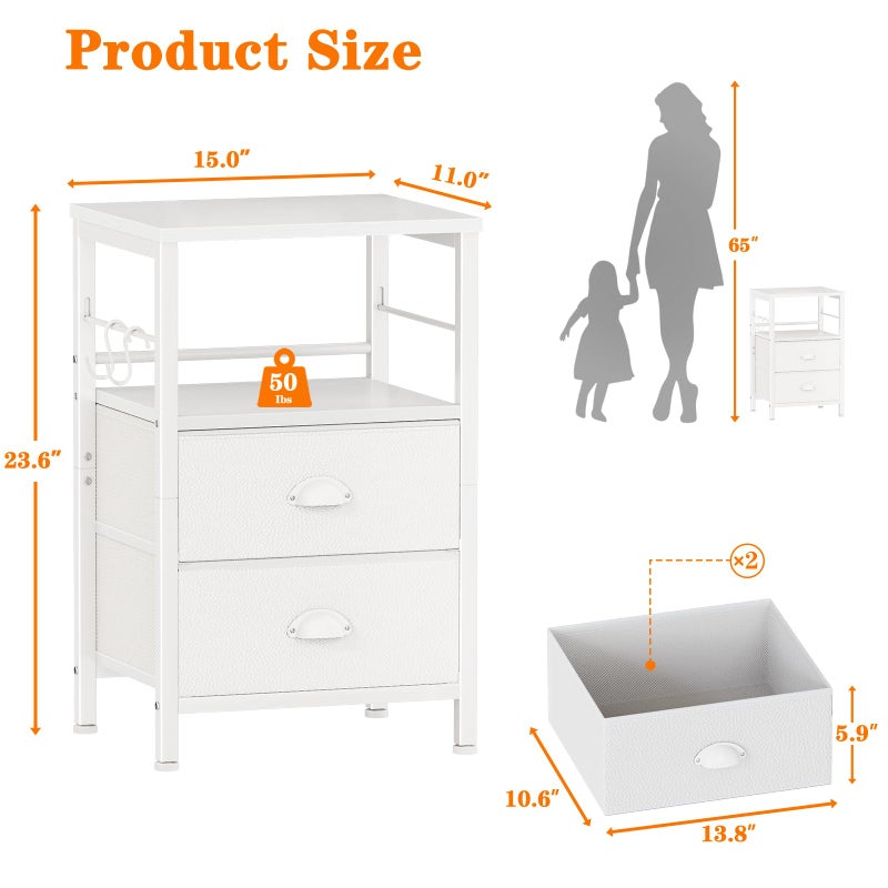 Furologee Nightstands Set of 2, End Table with 2 Fabric Drawers, Night Stand with 2 Hooks, Open Wood Shelf Bedside Table for Bedroom/Living Room/White - Image 3