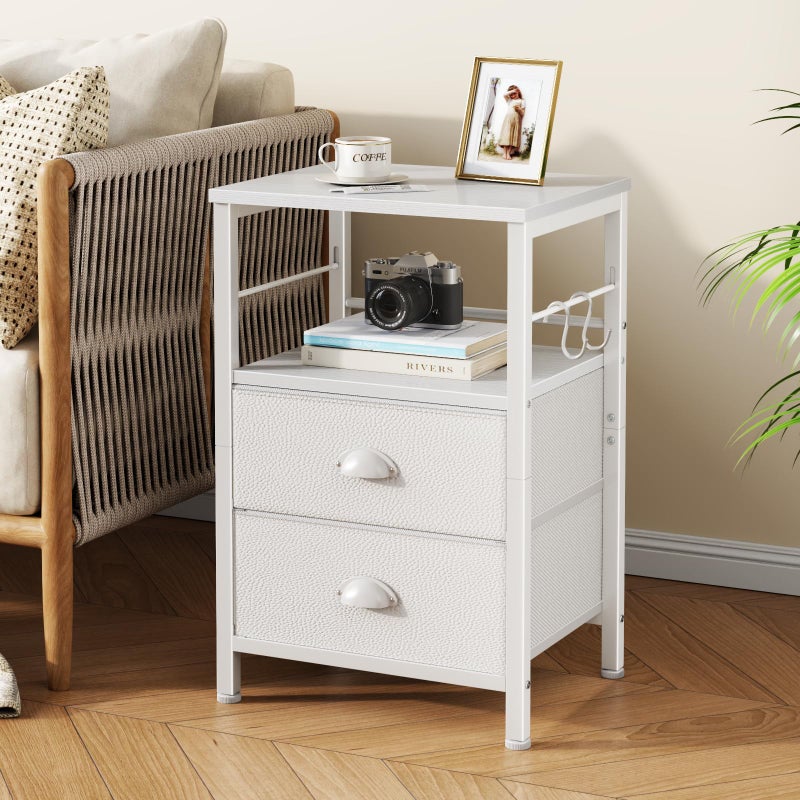 Furologee Nightstands Set of 2, End Table with 2 Fabric Drawers, Night Stand with 2 Hooks, Open Wood Shelf Bedside Table for Bedroom/Living Room/White - Image 2