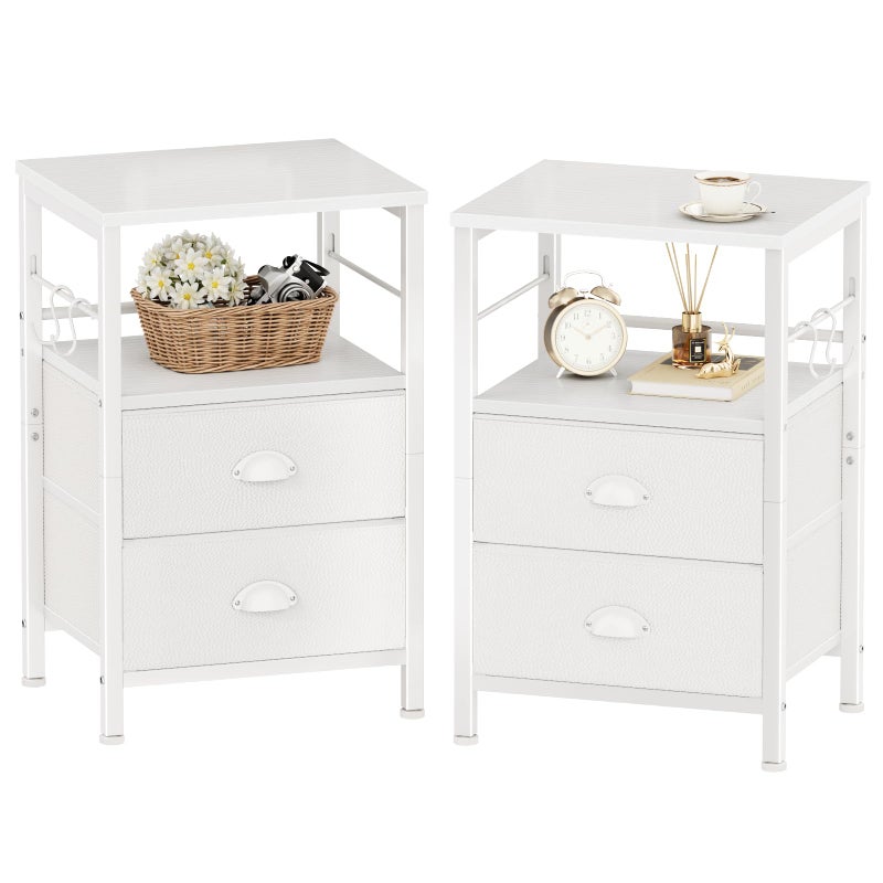Furologee Nightstands Set of 2, End Table with 2 Fabric Drawers, Night Stand with 2 Hooks, Open Wood Shelf Bedside Table for Bedroom/Living Room/White - Image 1