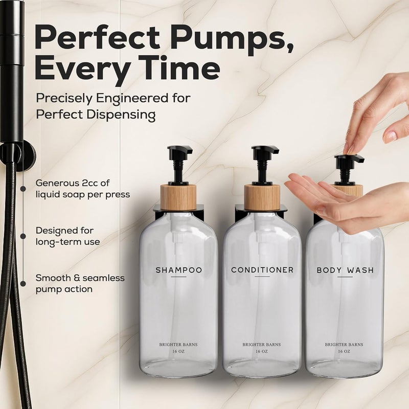 Brighter Barns Clear Shampoo and Conditioner Dispenser Set Wall Mounted by - Plastic Shower Dispenser 3 Chamber No Drill - Refillable Shampoo, Body Wash and Conditioner Bottle for Shower Wall (Clear) - Image 3
