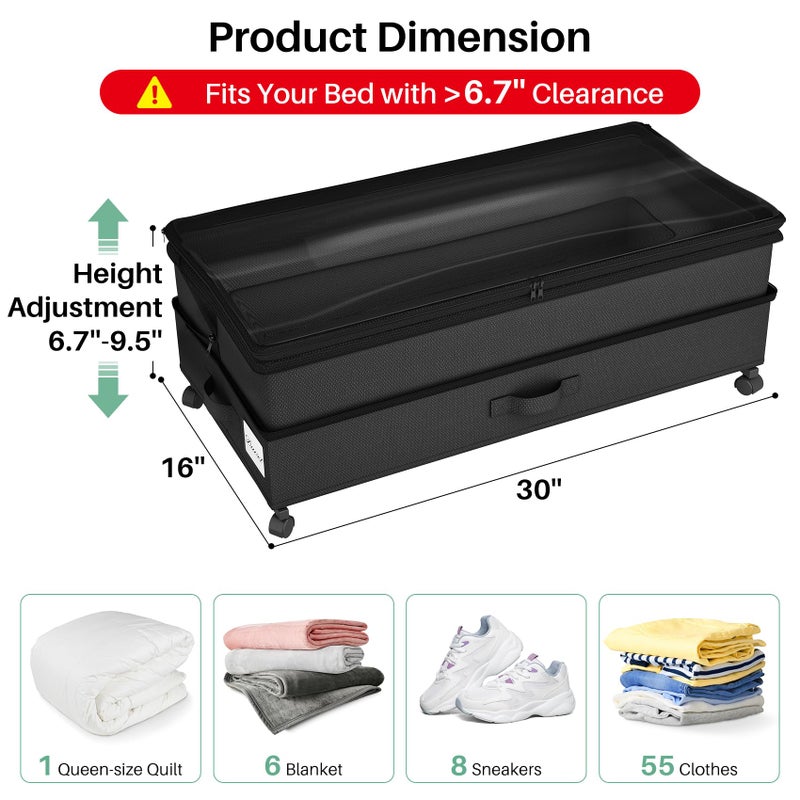 Kitstorack 4 Pack Height-adjustable Under Bed Storage with Wheels, Under Bed Storage Containers,Under Bed Shoe Storage Organizer with Clear Window&Label, Suitable for Clothes Storage, Black - Image 2