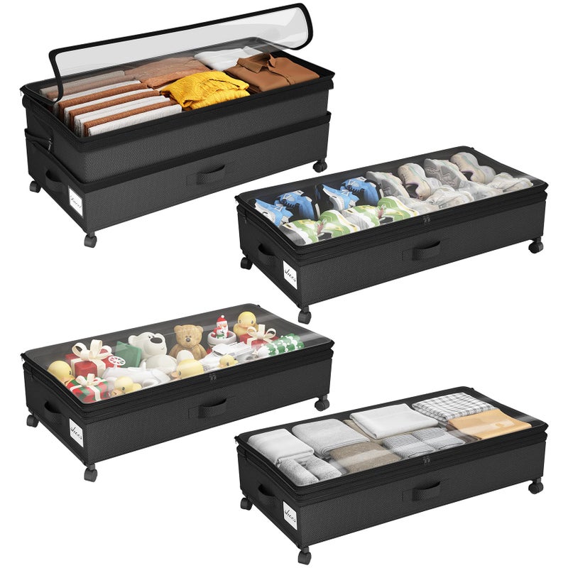 Kitstorack 4 Pack Height-adjustable Under Bed Storage with Wheels, Under Bed Storage Containers,Under Bed Shoe Storage Organizer with Clear Window&Label, Suitable for Clothes Storage, Black - Image 1