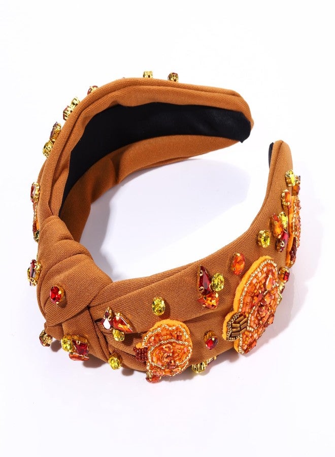 boderier Thanksgiving Headband Beaded Pumpkin Knotted Headband for Women Jeweled Crystal Embellished Wide Fall Holiday Hairband Hair Accessories (Pumpkin) - Image 2