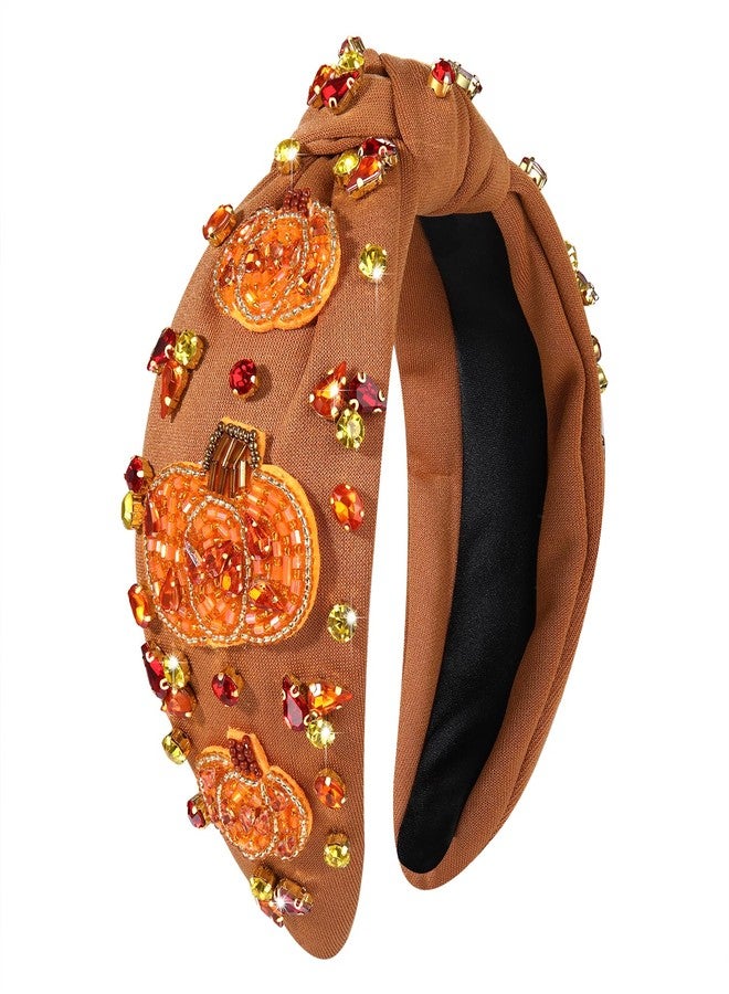 boderier Thanksgiving Headband Beaded Pumpkin Knotted Headband for Women Jeweled Crystal Embellished Wide Fall Holiday Hairband Hair Accessories (Pumpkin) - Image 1