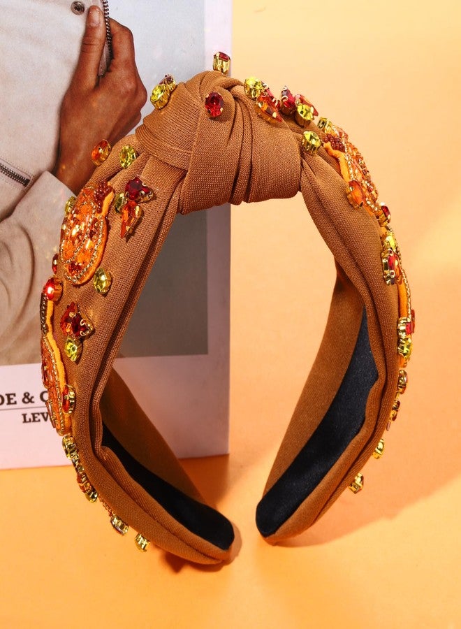 boderier Thanksgiving Headband Beaded Pumpkin Knotted Headband for Women Jeweled Crystal Embellished Wide Fall Holiday Hairband Hair Accessories (Pumpkin) - Image 3