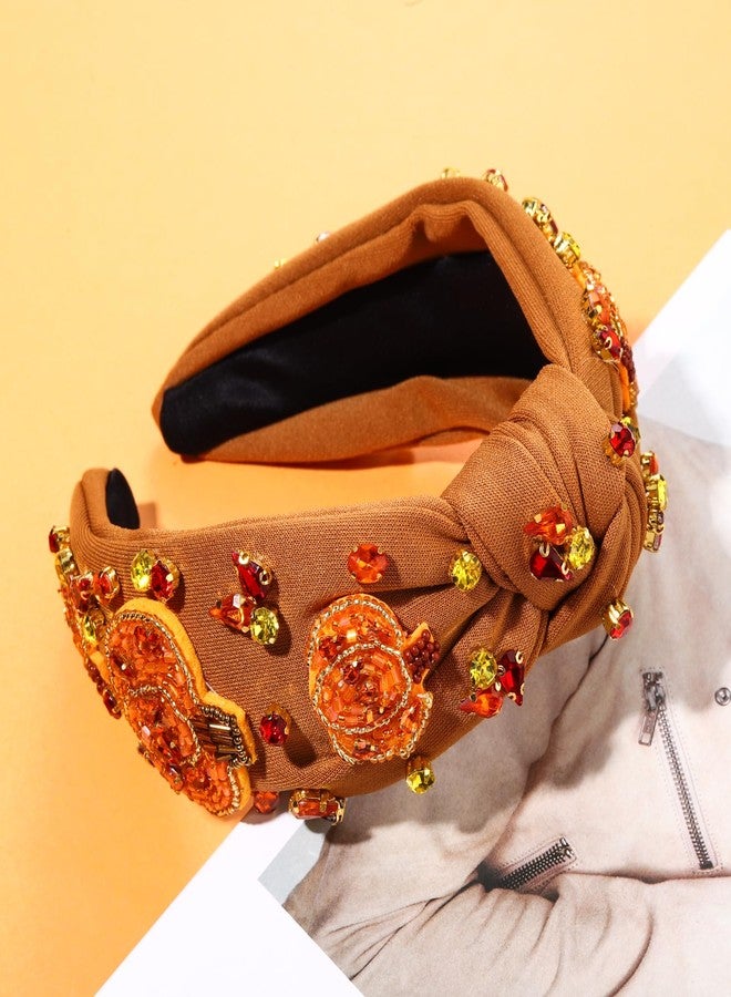 boderier Thanksgiving Headband Beaded Pumpkin Knotted Headband for Women Jeweled Crystal Embellished Wide Fall Holiday Hairband Hair Accessories (Pumpkin) - Image 4