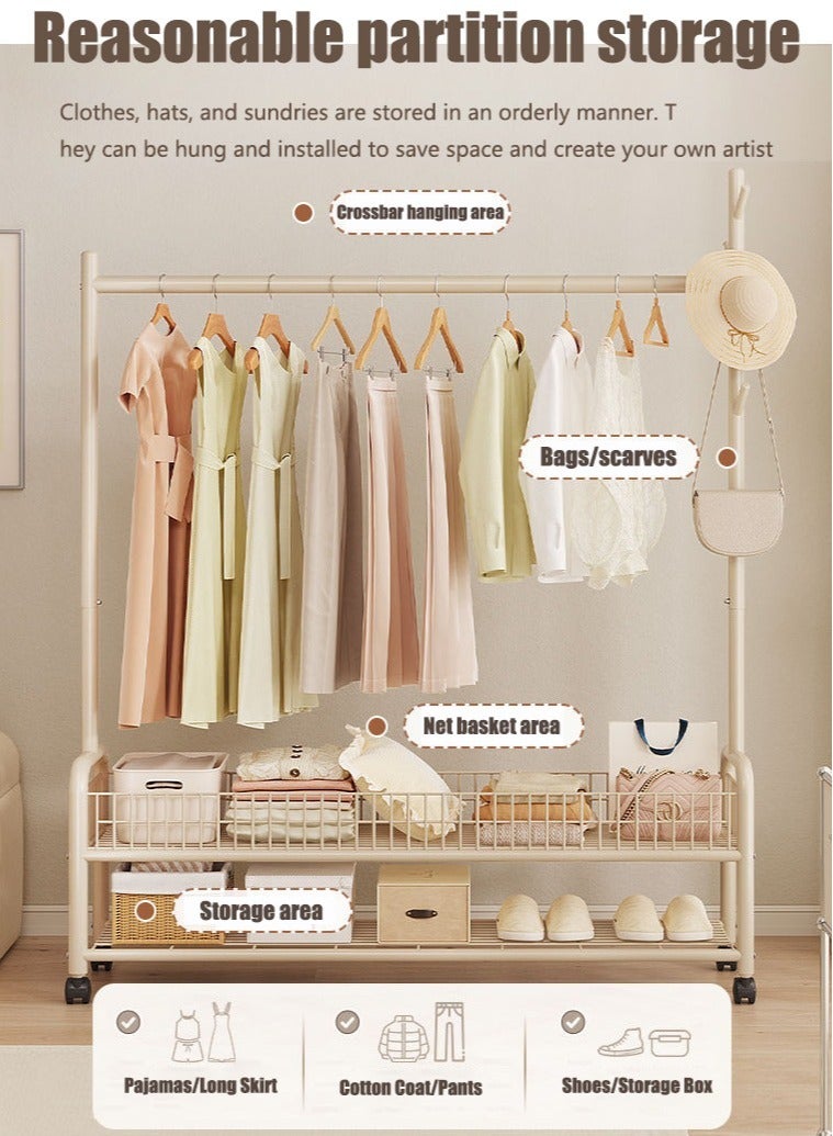 VUCATIN Rolling Garment Rack with Wheels Heavy Duty Clothes Rack with Storage Basket and Coat Rack Freestanding Metal Wardrobe Storage for Hanging Clothes (Beige)  - Image 2