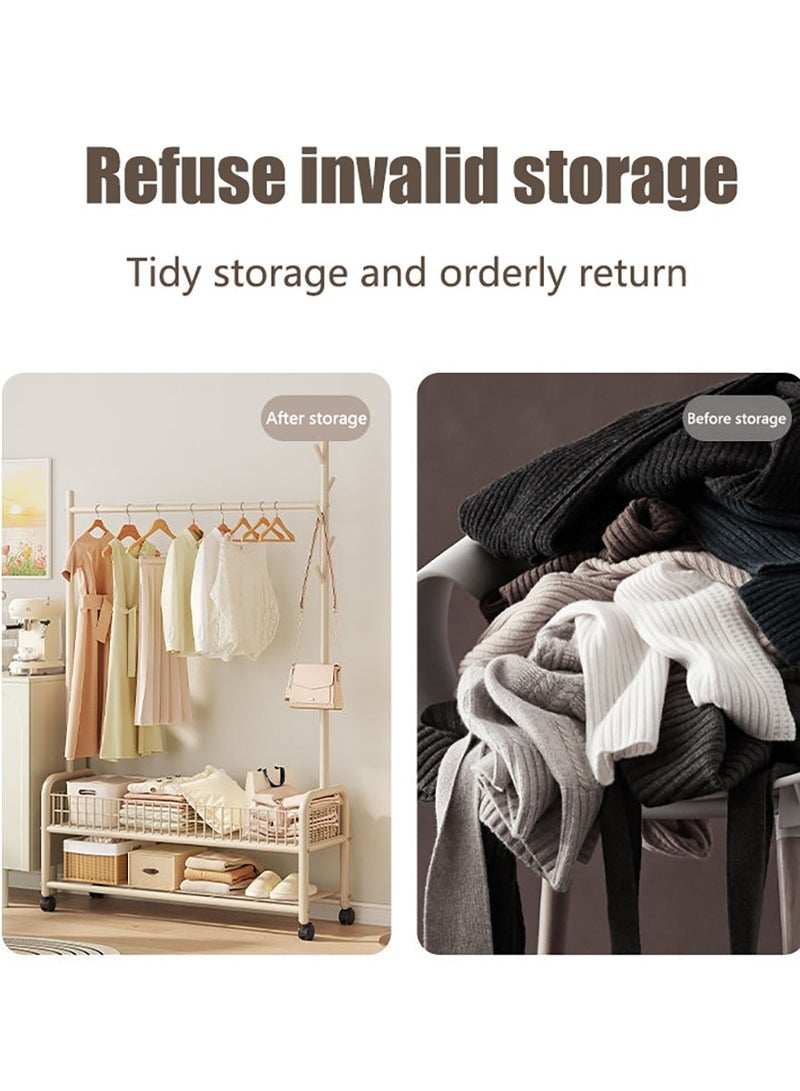 VUCATIN Rolling Garment Rack with Wheels Heavy Duty Clothes Rack with Storage Basket and Coat Rack Freestanding Metal Wardrobe Storage for Hanging Clothes (Beige)  - Image 3