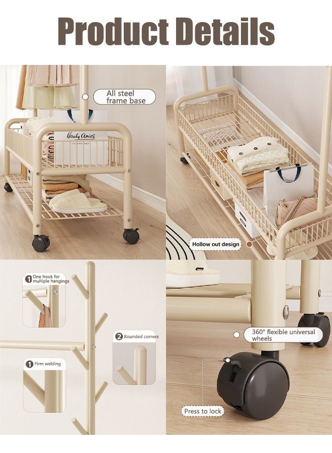 VUCATIN Rolling Garment Rack with Wheels Heavy Duty Clothes Rack with Storage Basket and Coat Rack Freestanding Metal Wardrobe Storage for Hanging Clothes (Beige)  - Image 5