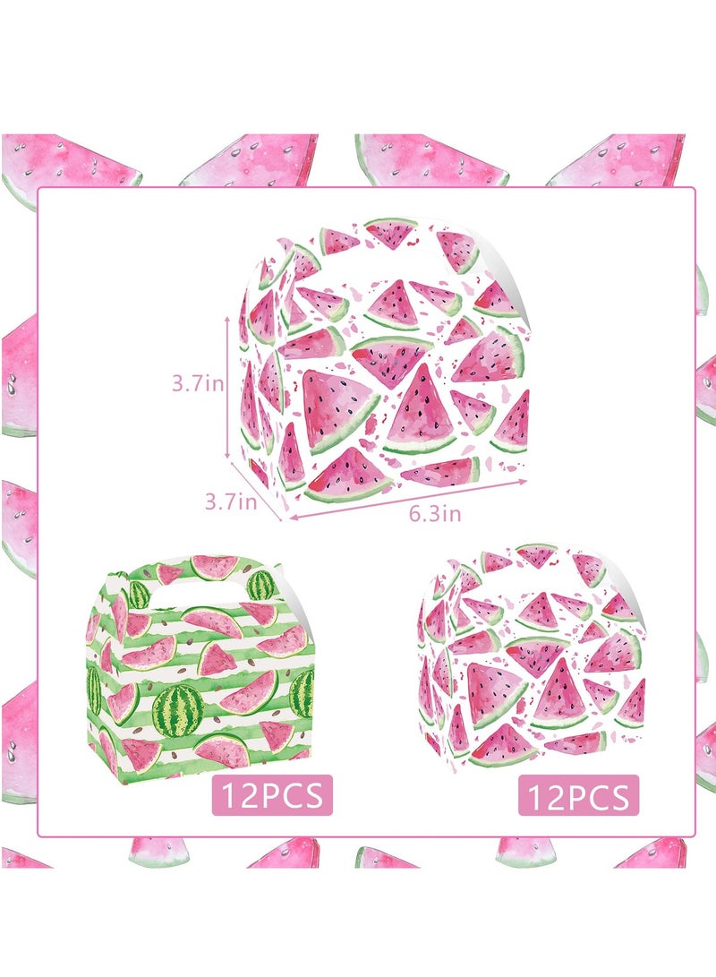 SOLARAE 24 عبوة صندوق هدايا كرتوني على شكل بطيخ للحفلات، صناديق هدايا مع مقابض، بطيخ وردي، صندوق هدايا "واحد في بطيخة" لاحتفالات الحفلات الصيفية، لوازم عيد ميلاد بطيخ للأطفال، حفلات استحمام الأطفال - Image 2
