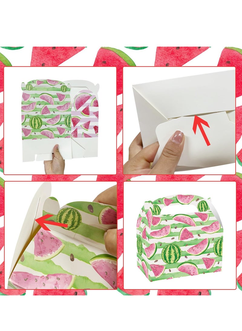 SOLARAE 24 عبوة صندوق هدايا كرتوني على شكل بطيخ للحفلات، صناديق هدايا مع مقابض، بطيخ وردي، صندوق هدايا "واحد في بطيخة" لاحتفالات الحفلات الصيفية، لوازم عيد ميلاد بطيخ للأطفال، حفلات استحمام الأطفال - Image 4