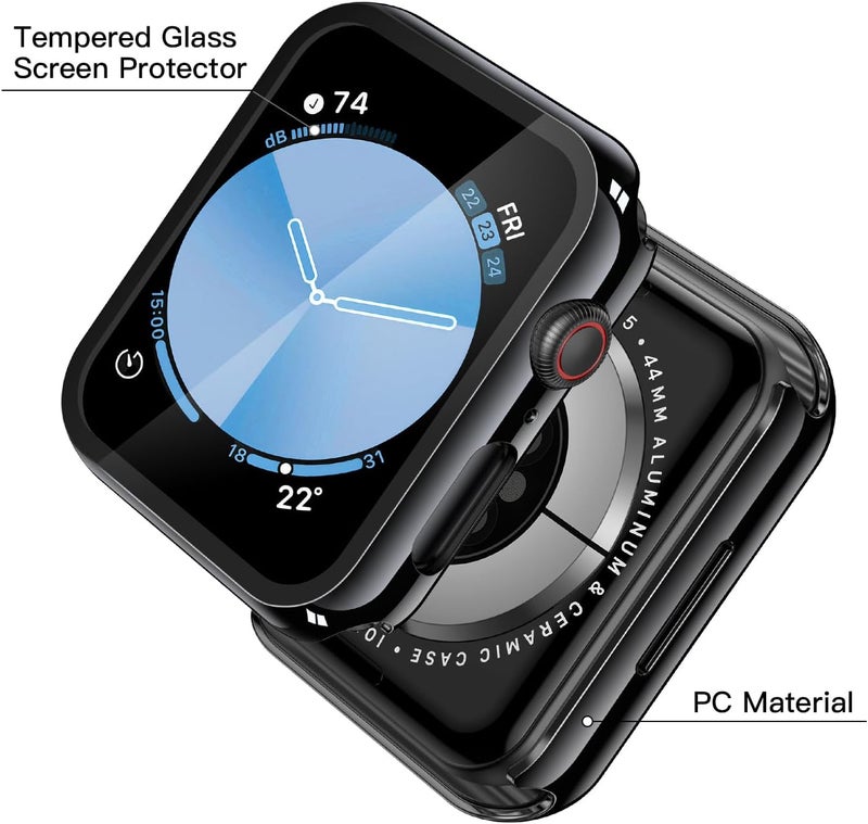 Misxi 2 Pack Tempered Glass Case Compatible for Apple Watch SE 3 (2025) SE 2 SE Series 6 Series 5 Series 4 44mm, Hard PC Screen Protector Protection Cover for iWatch, 1 Jet Black + 1 Transparent - Image 4