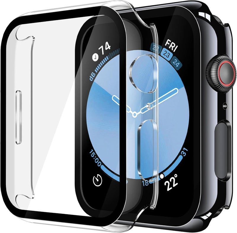 Misxi 2 Pack Tempered Glass Case Compatible for Apple Watch SE 3 (2025) SE 2 SE Series 6 Series 5 Series 4 44mm, Hard PC Screen Protector Protection Cover for iWatch, 1 Jet Black + 1 Transparent - Image 1