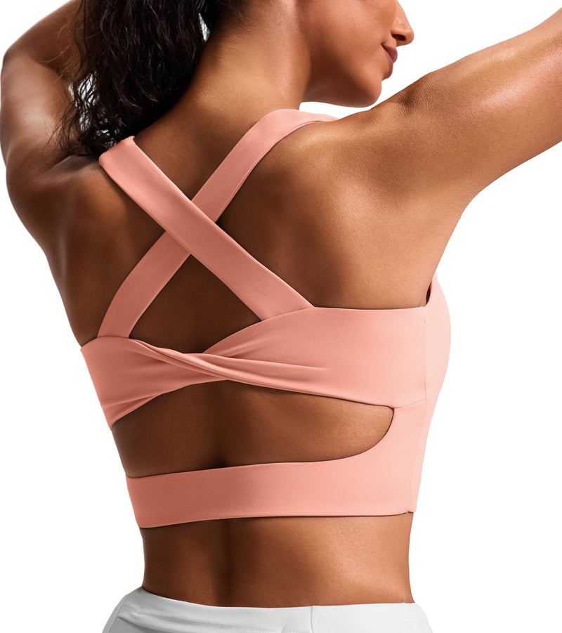 JOYSPELS Stunning Criss-Cross Back Sports Bra, Buttery Soft Longline Yoga Tank Top with Removable Padding, Padded Open-Back Workout Top for Pilates, Barre & Medium-Impact Gym Coral - Image 1
