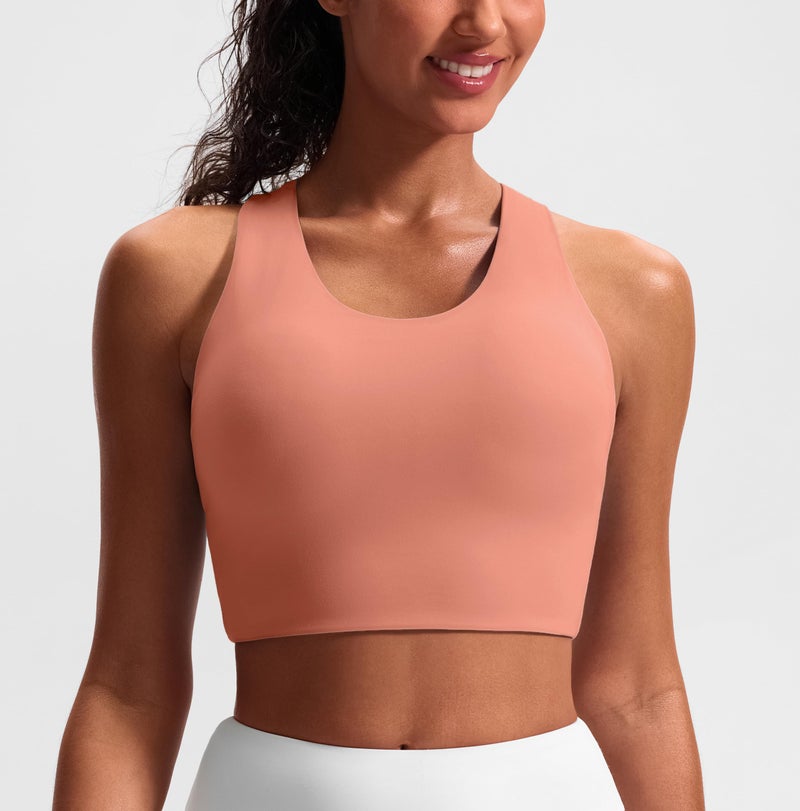 JOYSPELS Stunning Criss-Cross Back Sports Bra, Buttery Soft Longline Yoga Tank Top with Removable Padding, Padded Open-Back Workout Top for Pilates, Barre & Medium-Impact Gym Coral - Image 2