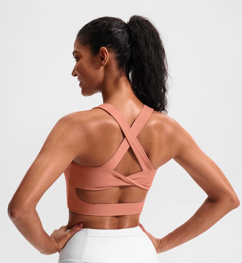 JOYSPELS Stunning Criss-Cross Back Sports Bra, Buttery Soft Longline Yoga Tank Top with Removable Padding, Padded Open-Back Workout Top for Pilates, Barre & Medium-Impact Gym Coral - Image 4