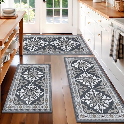 DailyCuddles Kitchen Rugs Set of 3, Non-Slip & Washable Floor Mats, Water-Absorbent Area Pad, Standing Desk Mat for Office, Home, Doorway, Laundry, Kitchen Accessories (Grey) - Image 1