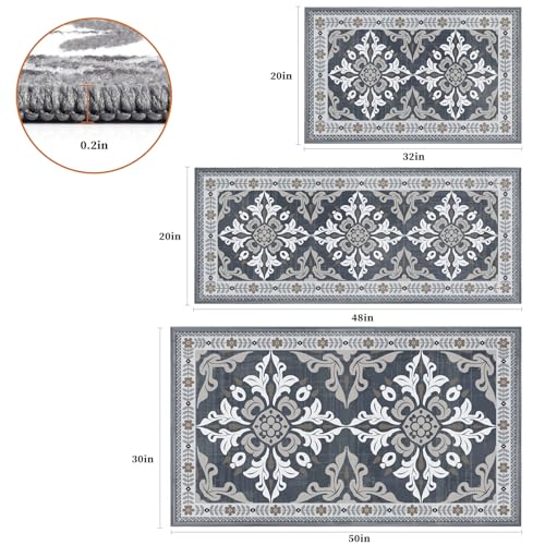 DailyCuddles Kitchen Rugs Set of 3, Non-Slip & Washable Floor Mats, Water-Absorbent Area Pad, Standing Desk Mat for Office, Home, Doorway, Laundry, Kitchen Accessories (Grey) - Image 2