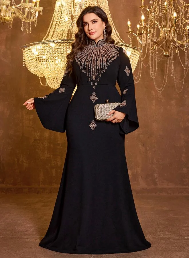 Unithorse Plus Size Black Embroidered A-Line Maxi Dress