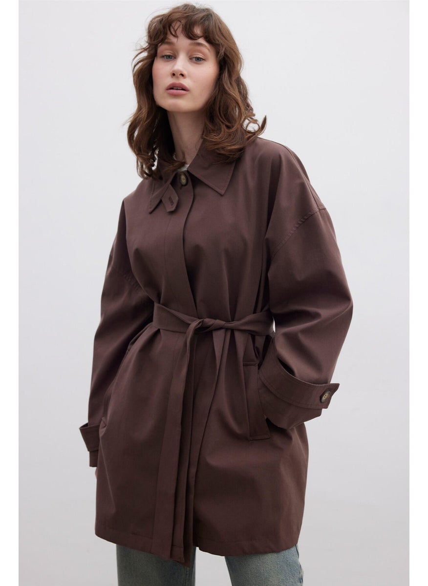Manuka Stockholm Shawl Detailed Oversized Trench Coat Brown  - Image 1