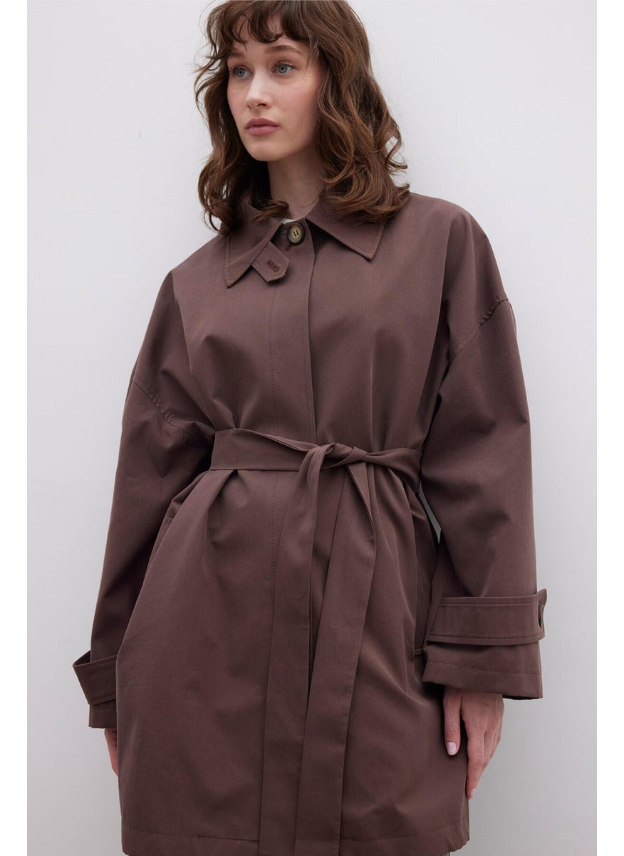Manuka Stockholm Shawl Detailed Oversized Trench Coat Brown  - Image 4