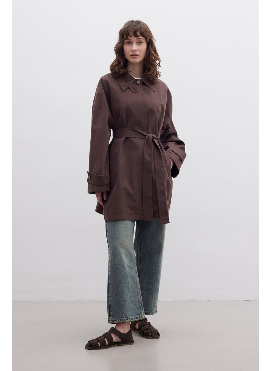 Manuka Stockholm Shawl Detailed Oversized Trench Coat Brown  - Image 2