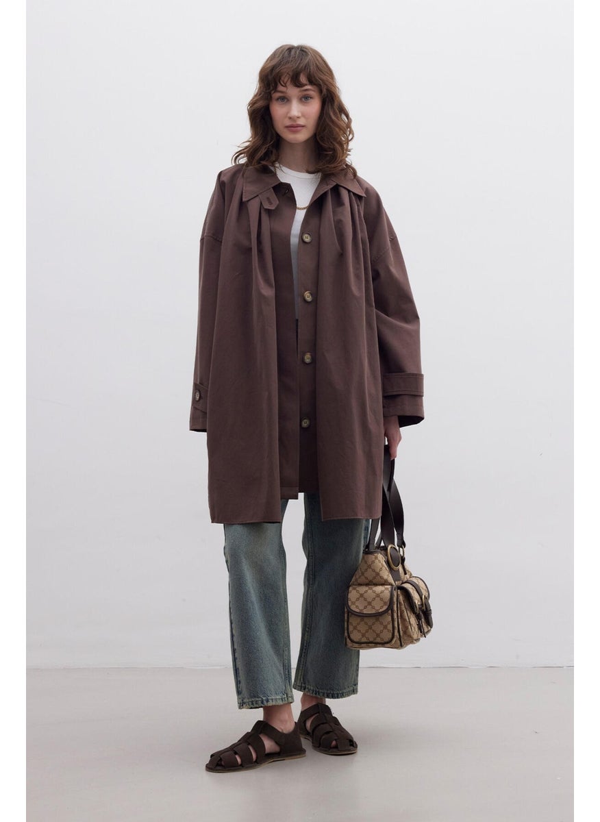 Manuka Stockholm Shawl Detailed Oversized Trench Coat Brown  - Image 5