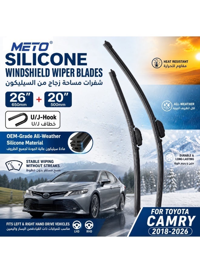METO Silicone Windshield Wiper Blades 26" + 20" (650mm + 500mm), U/J-Hook, OEM-Grade All-Weather Silicone Material, Stable Wiping Without Streaks, Fits Left & Right Hand Drive Vehicles, for Toyota Camry 2018-2026 - Image 1