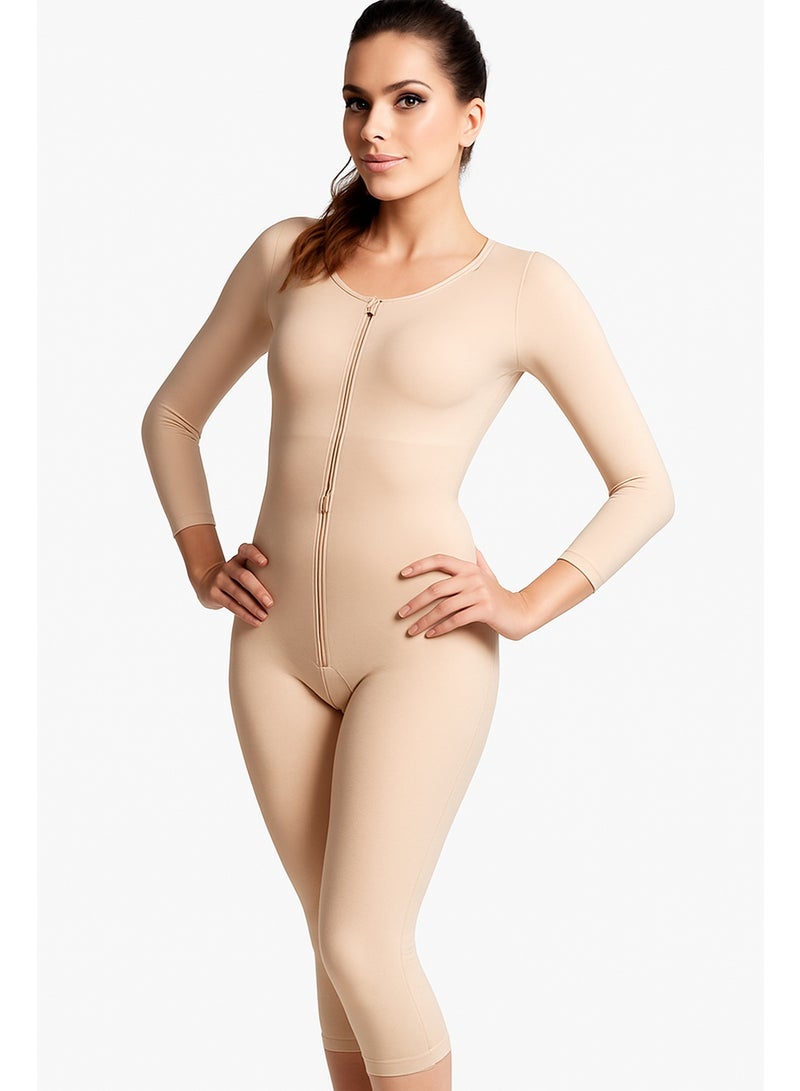 HT Full body corset after operations for women with long sleeves and front zipper, tightening and slimming, postpartum and liposuction support, comfortable elastic material, beige, HT, M - Image 1